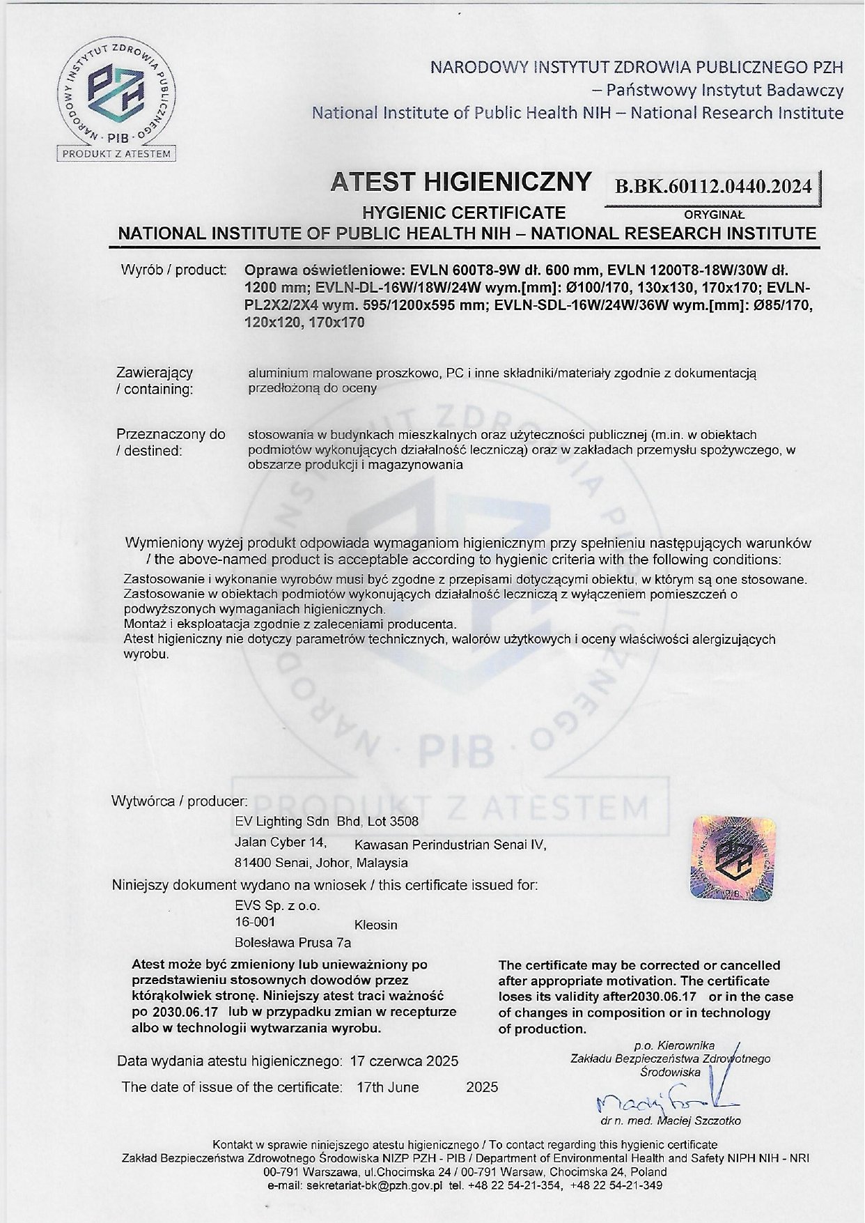 PZH Hygienezertifikat EV SUN