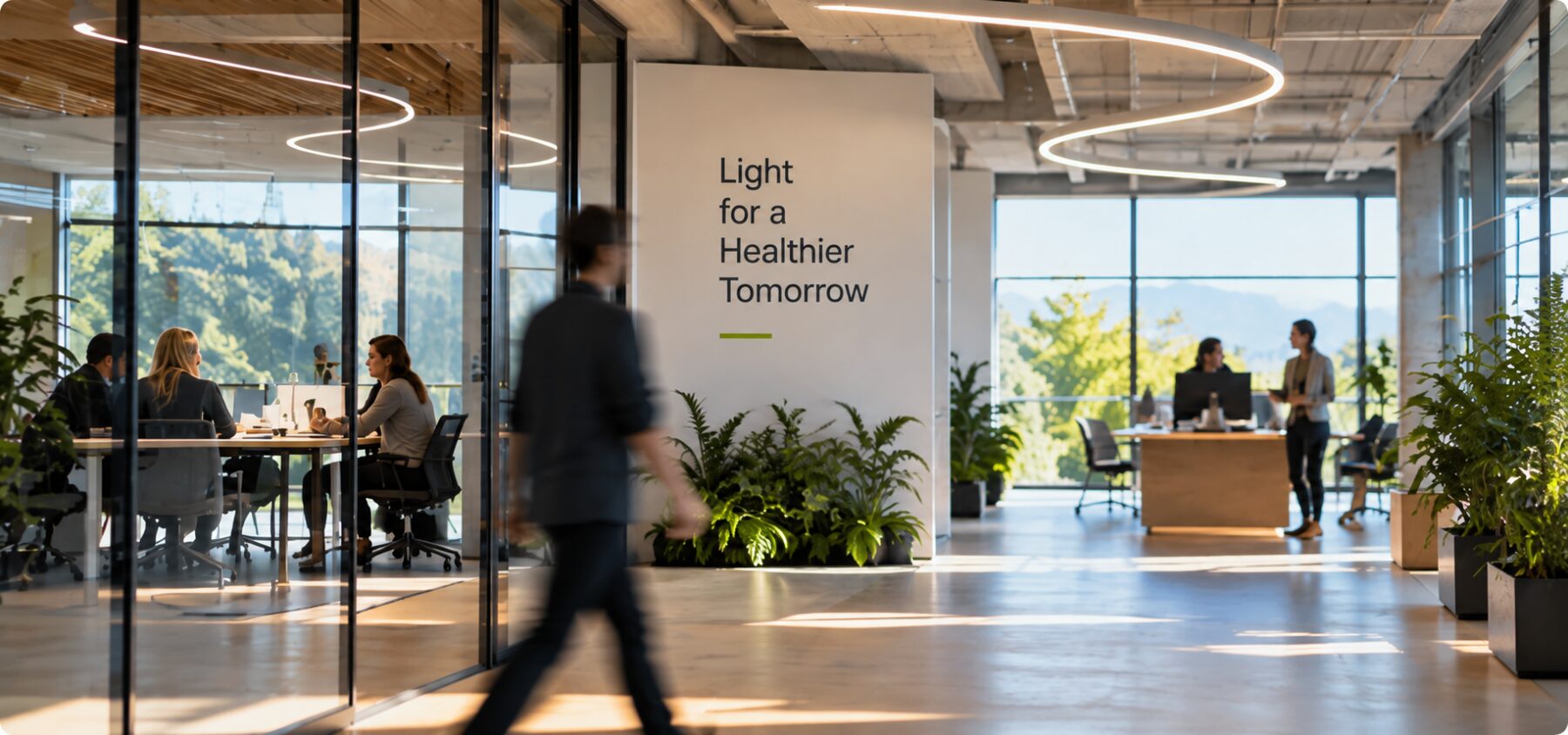 Team in an office with EV SUN lighting